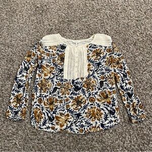 Lucky Brand Blouse Women’s L Cream Brown Floral Lace Peasant Boho Cottagecore